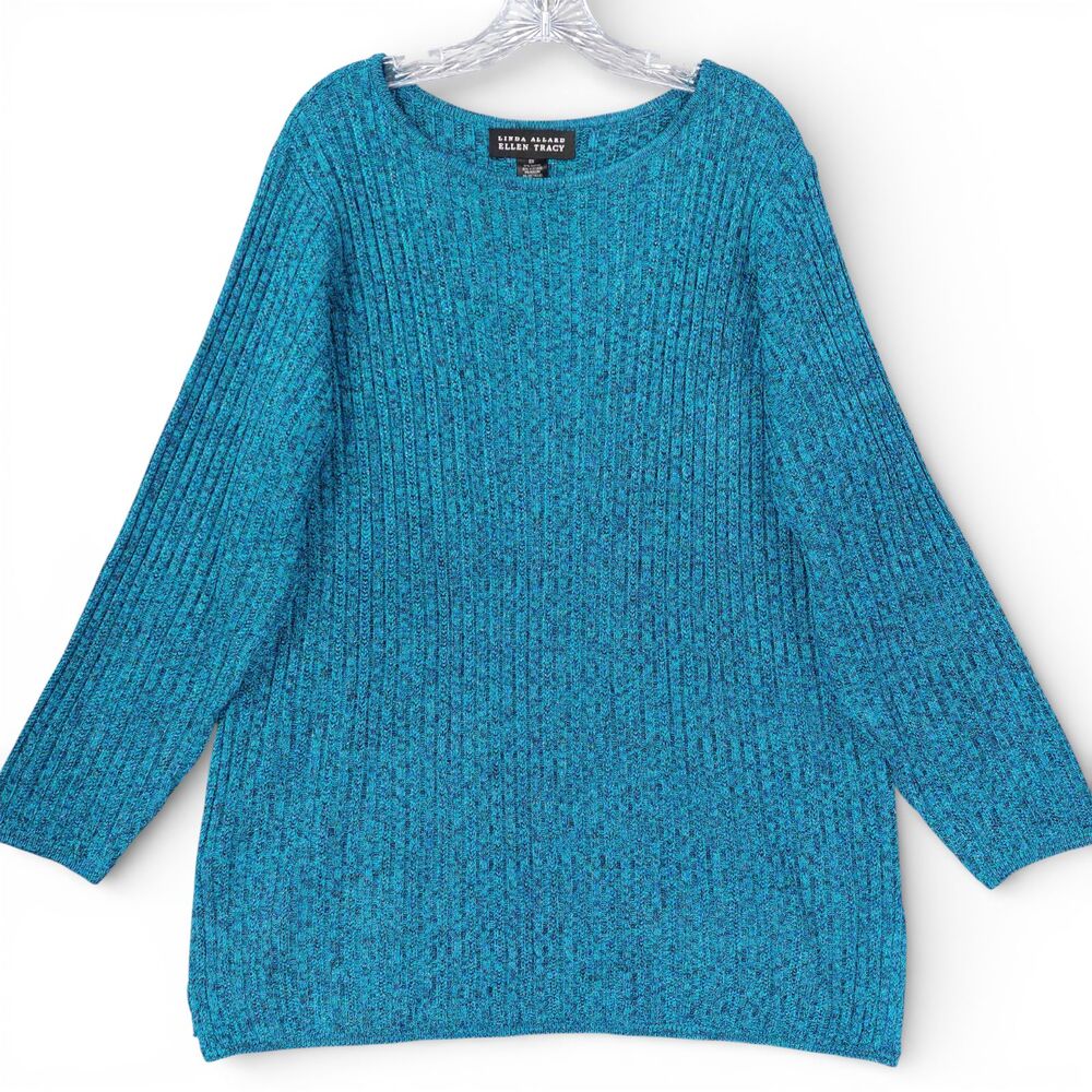 Ellen Tracy Metallic Ribbed Knit Sweater 2X Teal Blue Shimmer Pullover